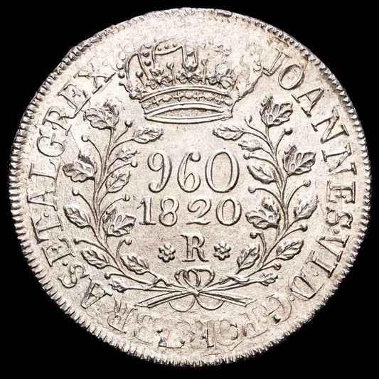 Brasil. Joannes VI. (26,86 g.). Rio. 1820. KM-326.1. XF. Acuñada sobre un 8 Reales de Lima J.P. 1819 .