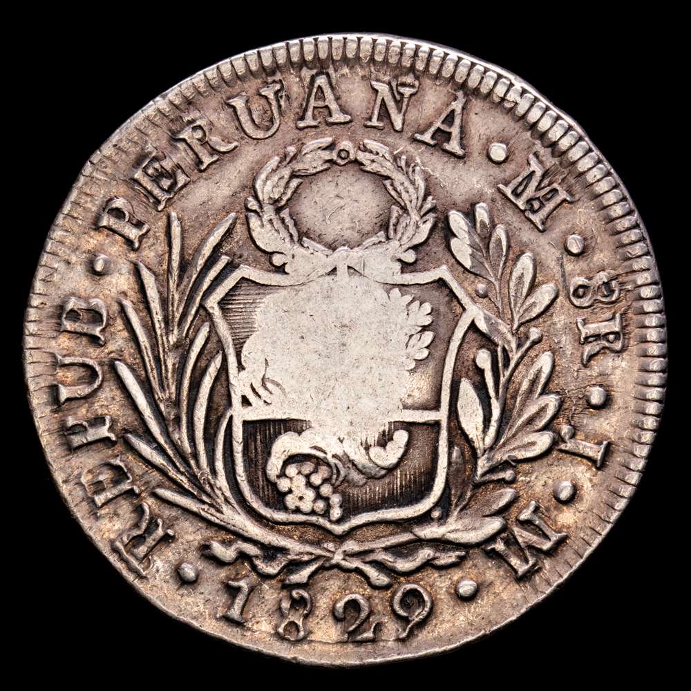 República de Perú. 8 Reales. (27,01 g.). Lima. 1829. Ensayador J·M. KM-142.3. VF+. Resello de Filipinas – F.7.0
