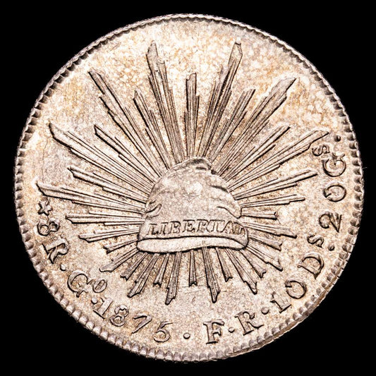 8 Reales 1875 Guanajuato Go FR. KM# 377.8 (DyP-Go55). (27,00 gramos ). Pátina y tonificación en reverso. UNC.