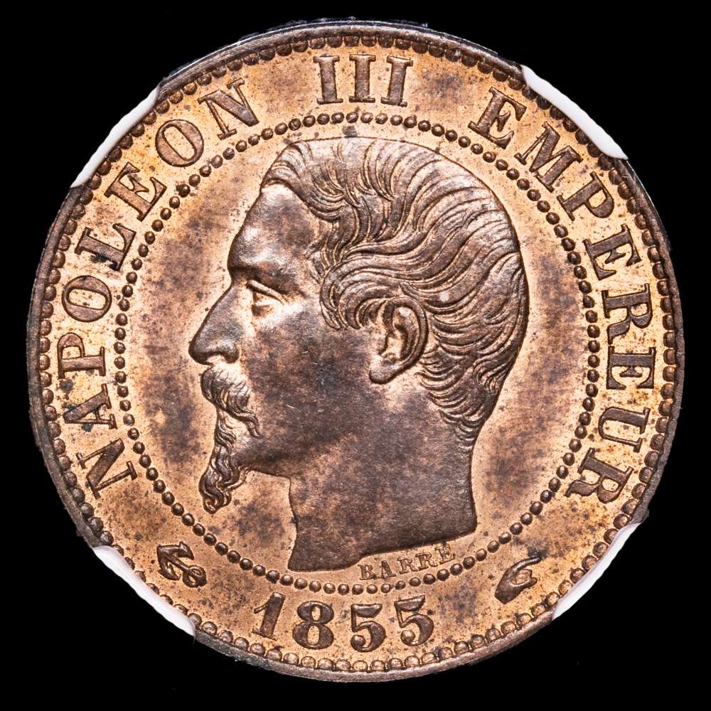 Francia. 5 Cents. ( g.). Paris. 1855. A. Anchor. Encapsulado por NGC MS63 RB.