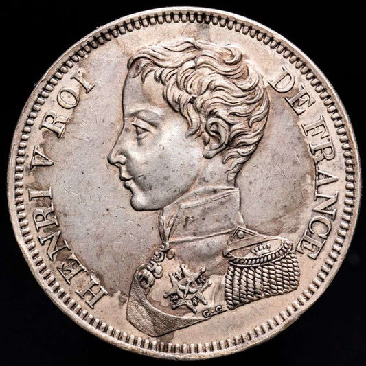 Francia – Enrique V. 5 Francs. (24,63 g.). 1831. KM-35. UNC-. Restos de brillo original. Hermosa pátina.